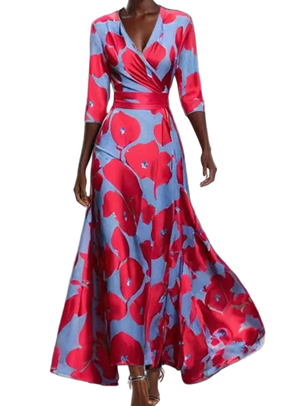 Robe longue femme col en V imprimée à ourlet large manches mi-longues 0