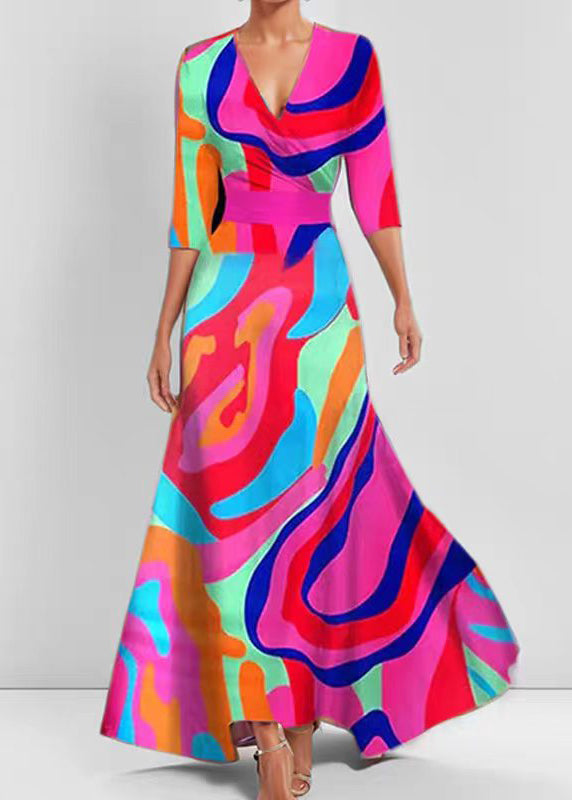 Robe longue femme col en V imprimée à ourlet large manches mi-longues 1