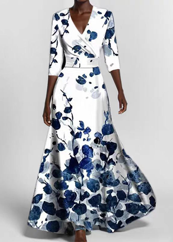 Robe longue femme col en V imprimée à ourlet large manches mi-longues 2