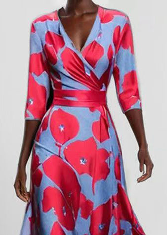 Robe longue femme col en V imprimée à ourlet large manches mi-longues 3