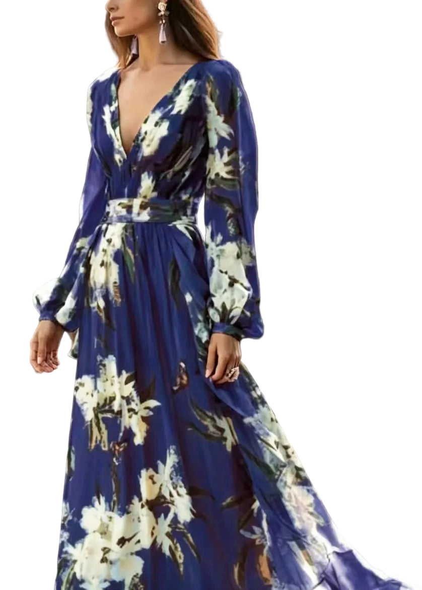Robe longue femme col en V imprimée ample été 0