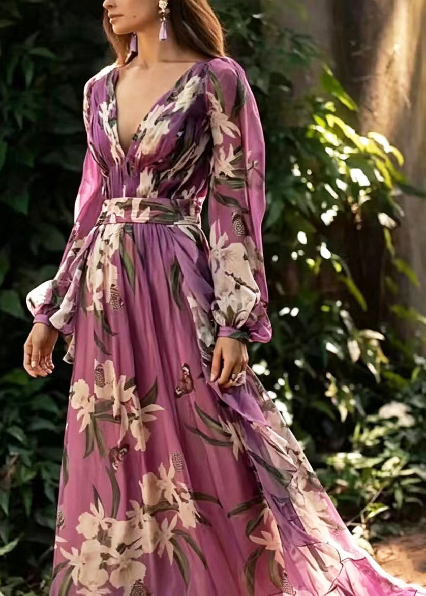 Robe longue femme col en V imprimée ample été 1