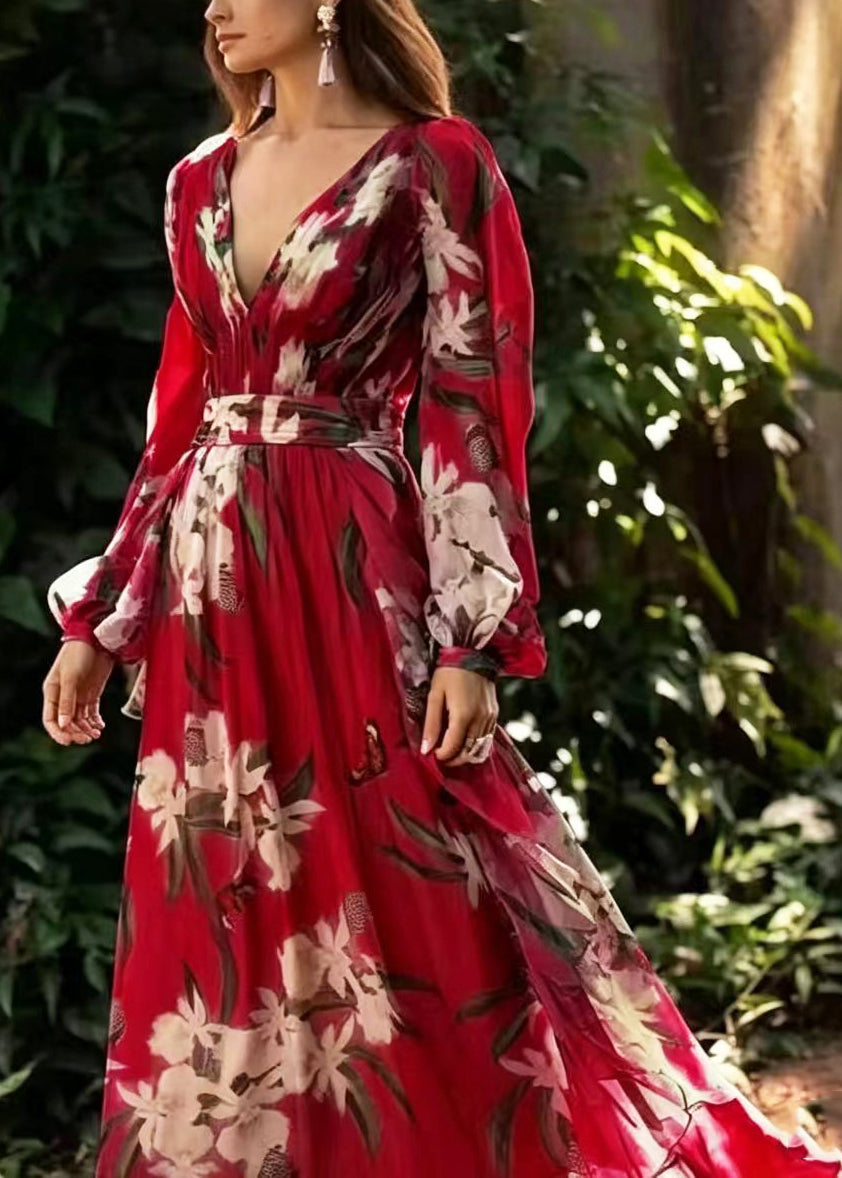 Robe longue femme col en V imprimée ample été 2