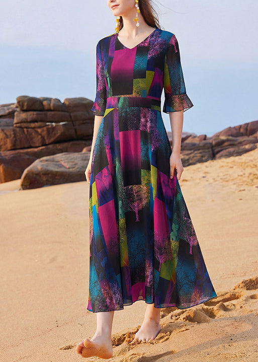 Robe longue femme col en V imprimée patchwork été 0
