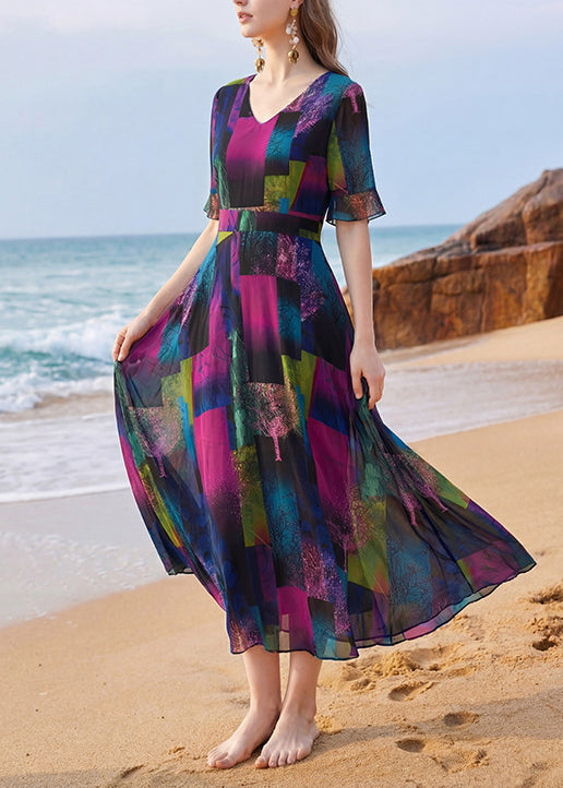 Robe longue femme col en V imprimée patchwork été 1