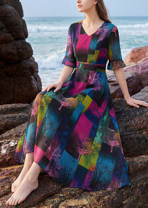 Robe longue femme col en V imprimée patchwork été 2