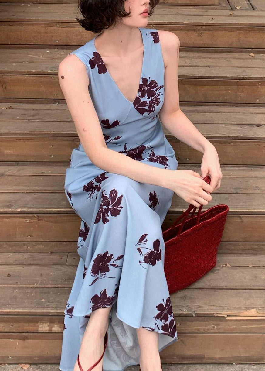Robe longue femme col en V imprimée sans manches 0