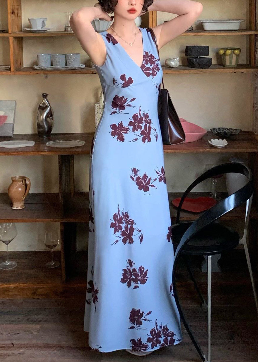 Robe longue femme col en V imprimée sans manches 1