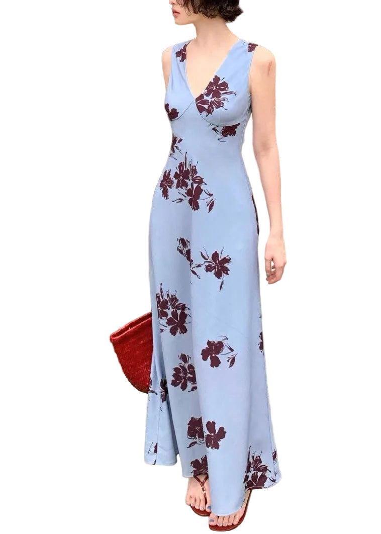 Robe longue femme col en V imprimée sans manches 3