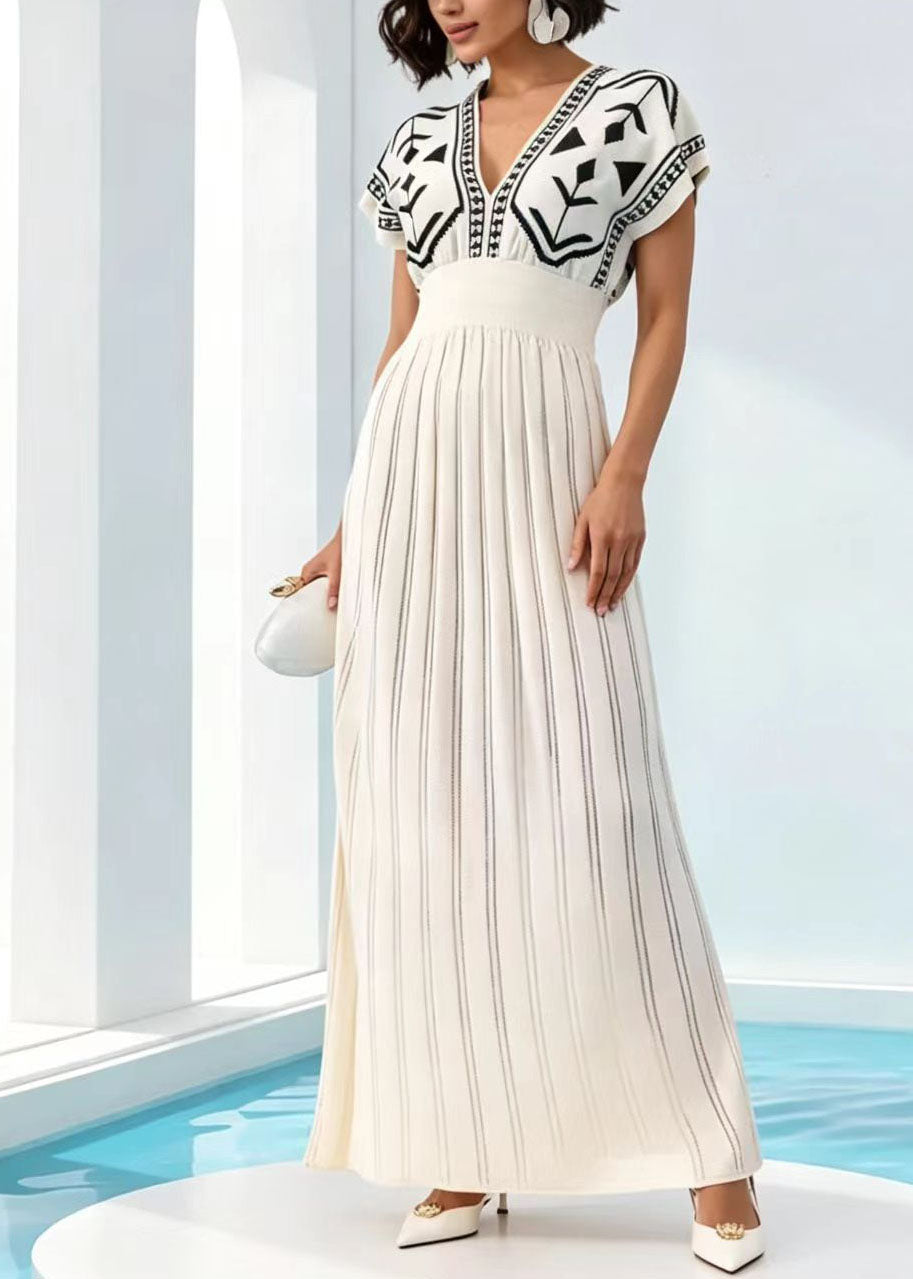 Robe longue femme col en V manches courtes tricotée 0