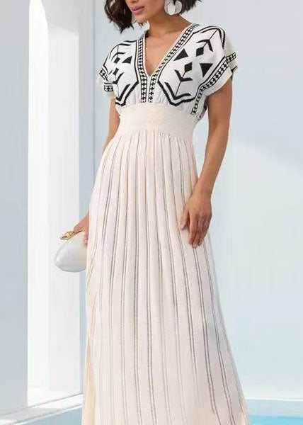 Robe longue femme col en V manches courtes tricotée 4