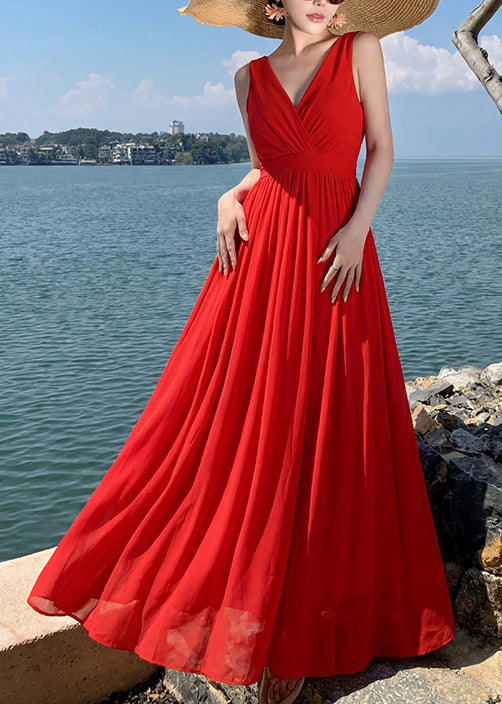 Robe longue femme col en V sans manches style patchwork 0