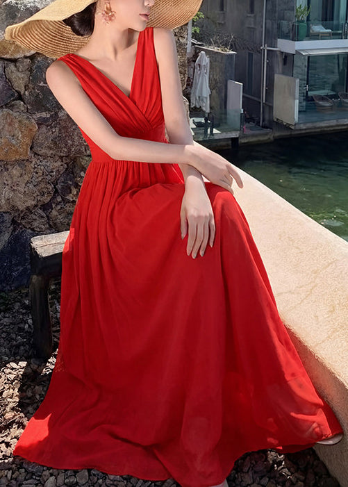 Robe longue femme col en V sans manches style patchwork 1