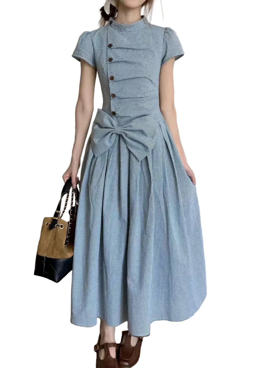 Robe longue femme décontractée à manches courtes et nœud froissé 0