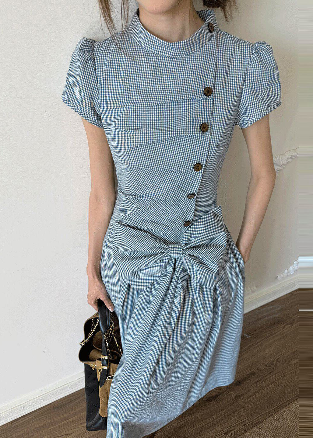 Robe longue femme décontractée à manches courtes et nœud froissé 2
