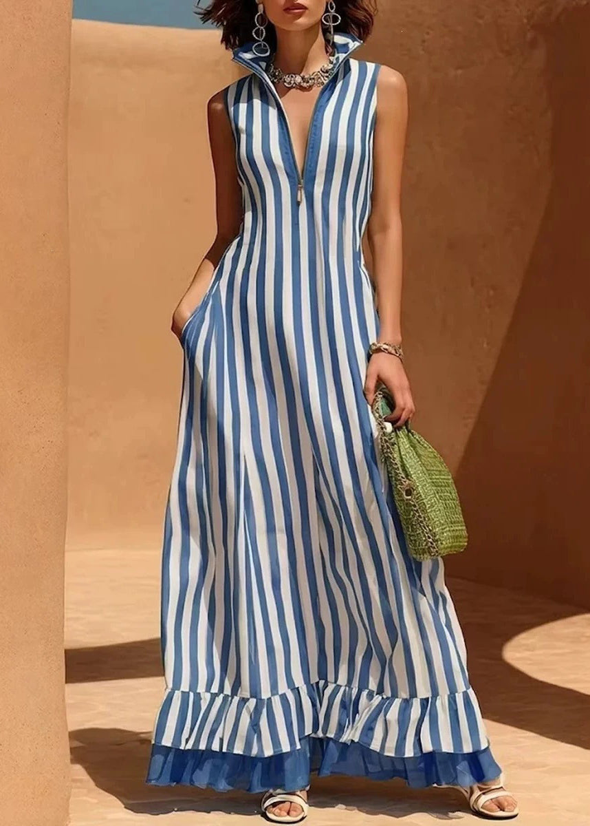Robe longue femme décontractée à rayures col montant sans manches 0