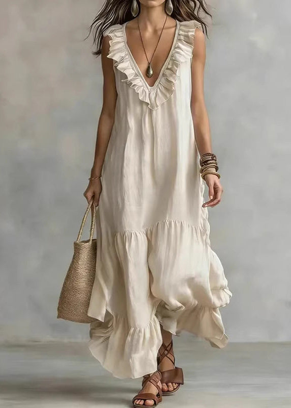 Robe longue femme décontractée col en V à volants 0