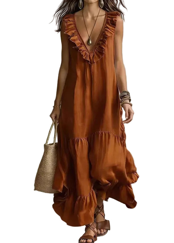 Robe longue femme décontractée col en V à volants 1