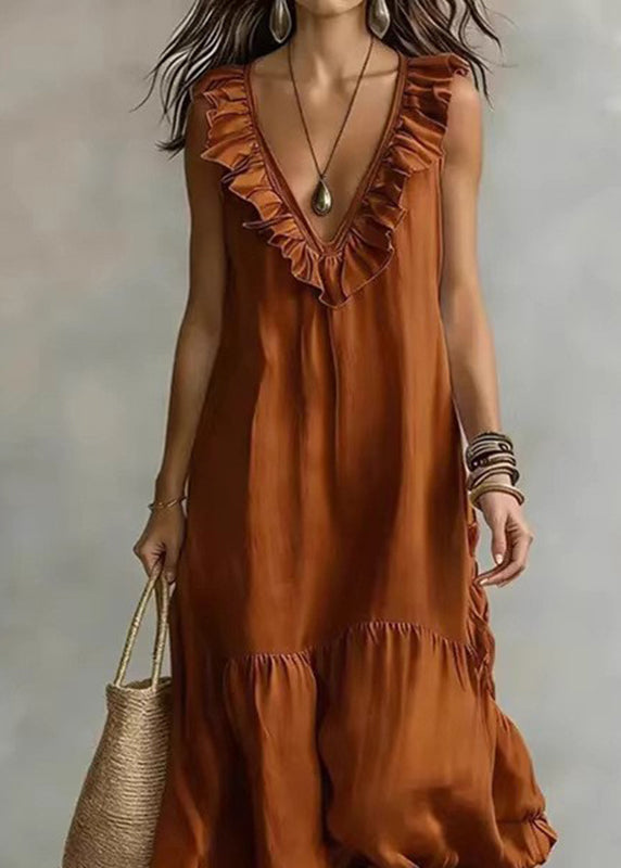 Robe longue femme décontractée col en V à volants 4