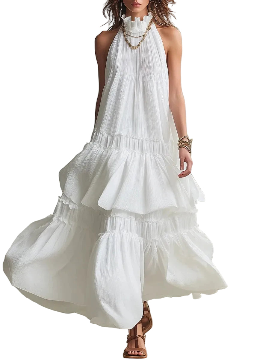 Robe longue femme patchwork à volants sans manches 0