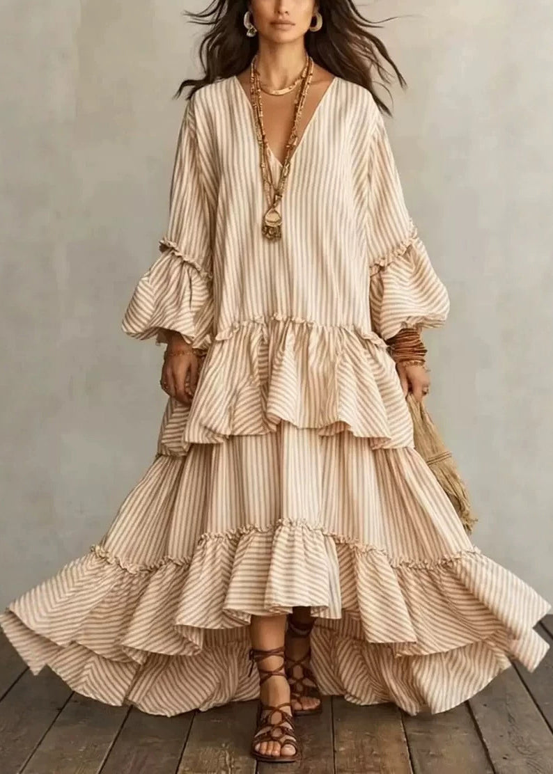 Robe longue femme rayée asymétrique à volants col en V manches bouffantes 0