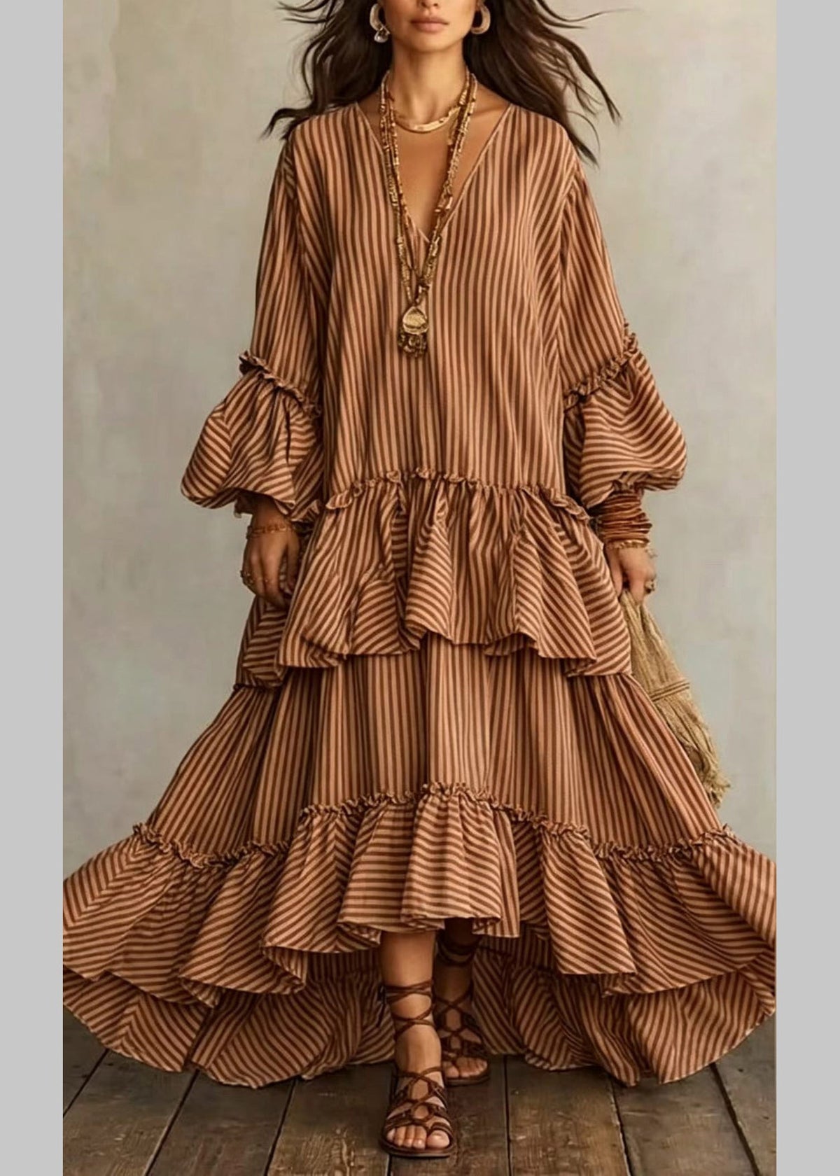 Robe longue femme rayée asymétrique à volants col en V manches bouffantes 1