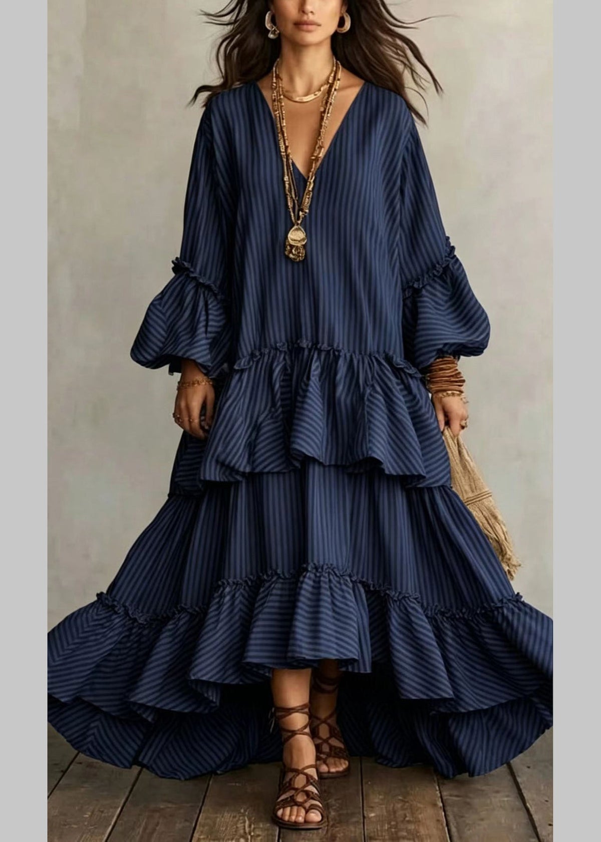 Robe longue femme rayée asymétrique à volants col en V manches bouffantes 2