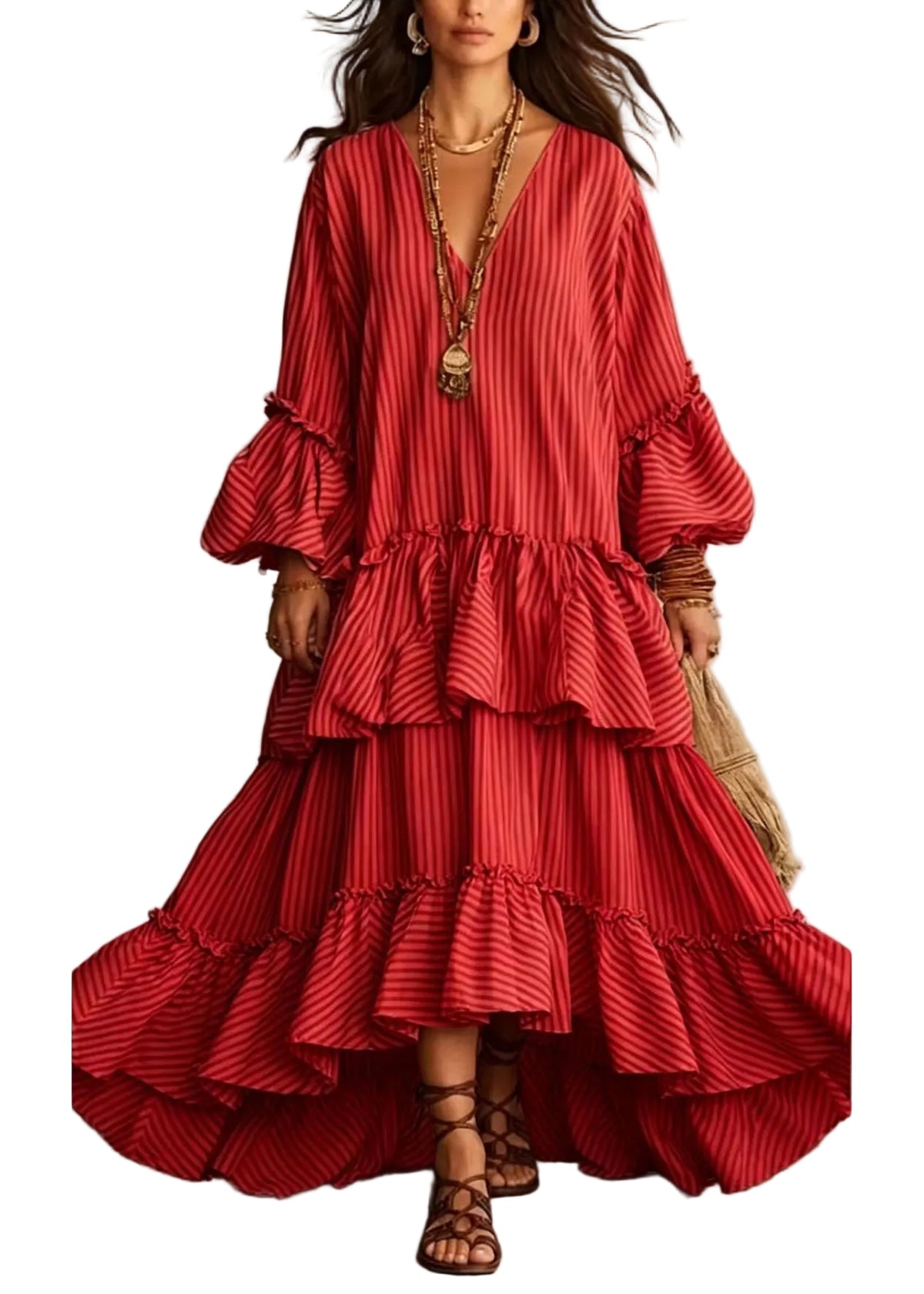 Robe longue femme rayée asymétrique à volants col en V manches bouffantes 3