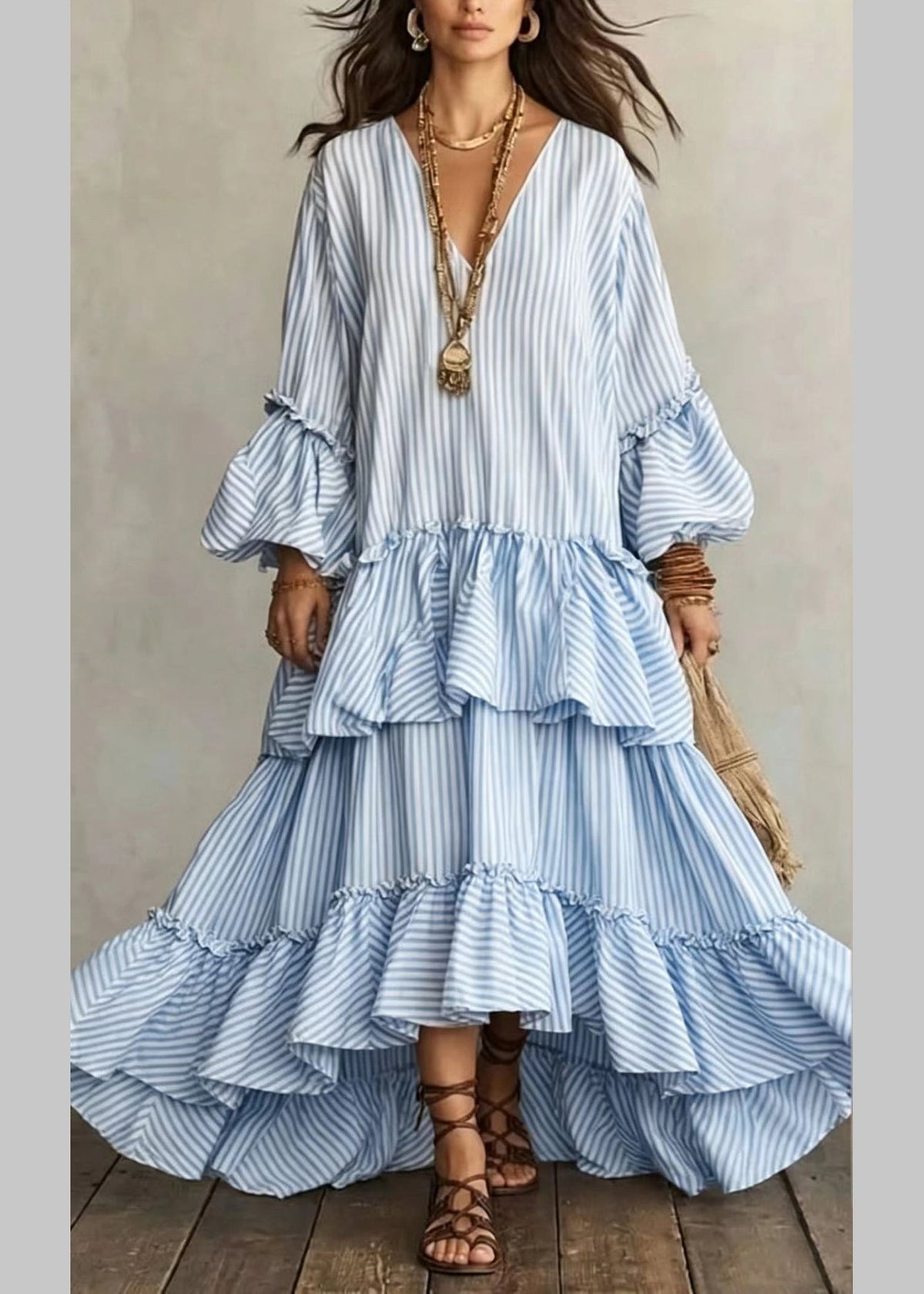 Robe longue femme rayée asymétrique à volants col en V manches bouffantes 4