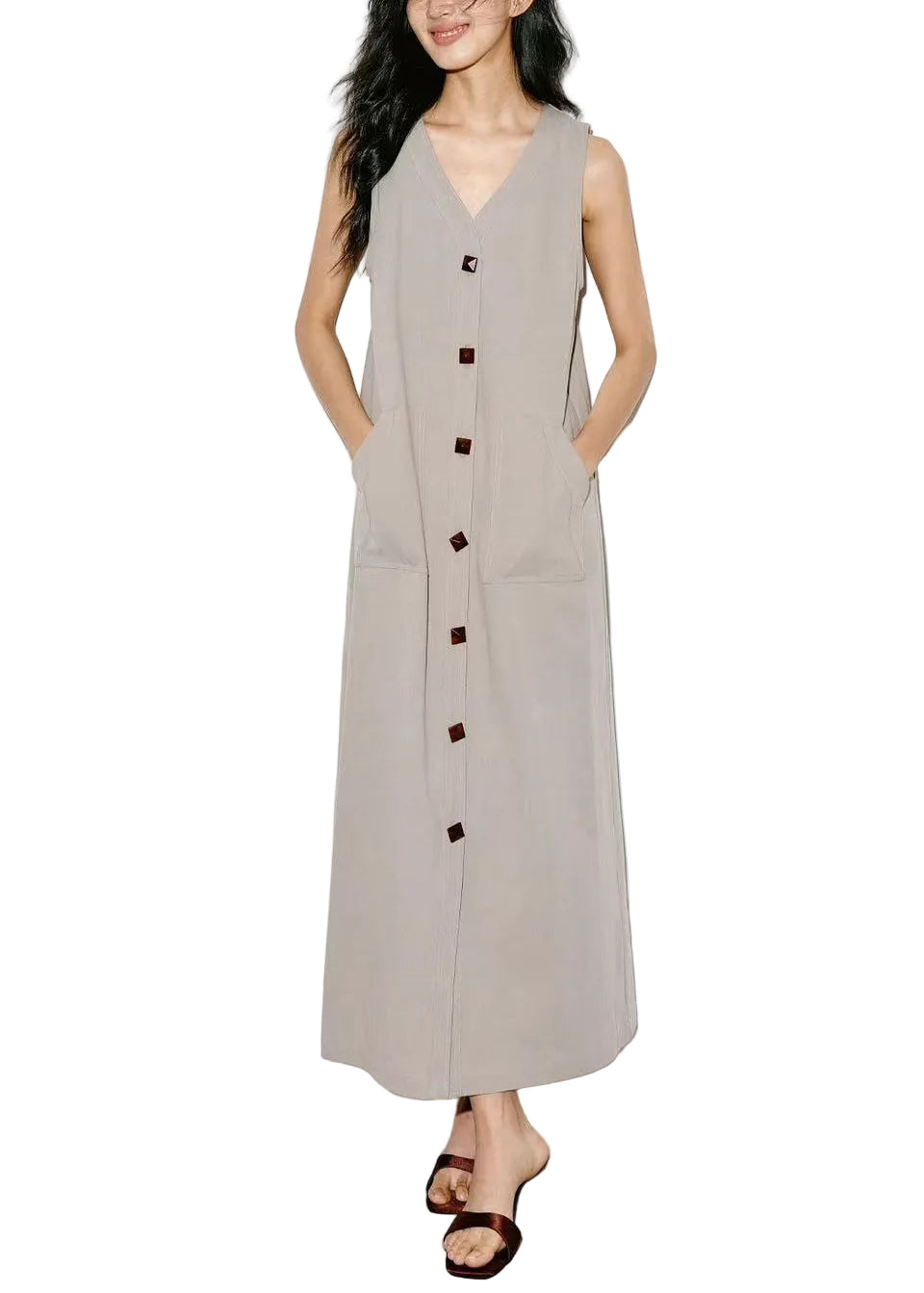 Robe longue femme sans manches col en V avec poches 0