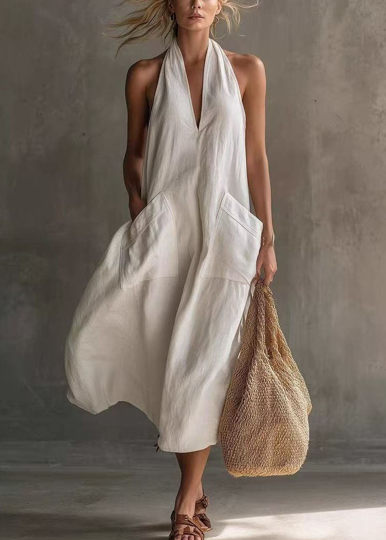 Robe longue femme sans manches col en V avec poches ample 0