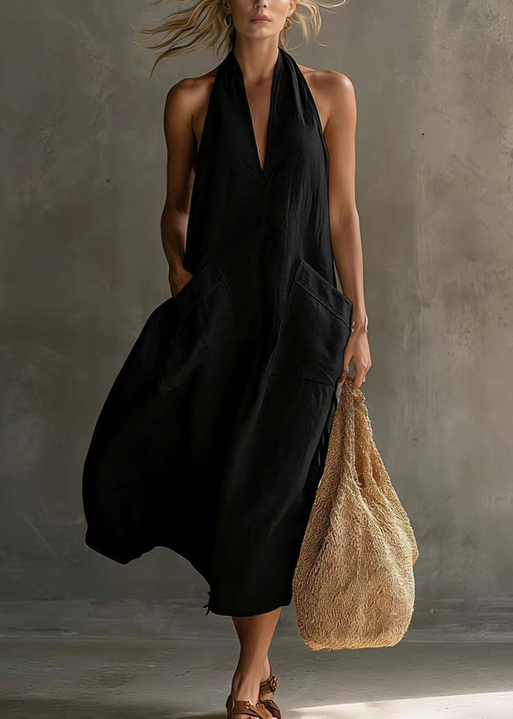 Robe longue femme sans manches col en V avec poches ample 1