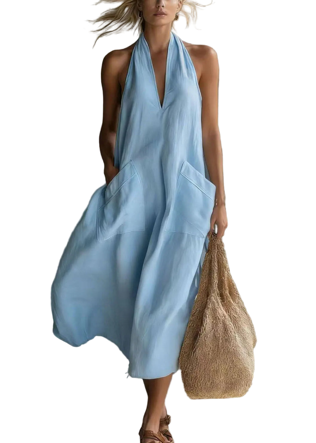 Robe longue femme sans manches col en V avec poches ample 2