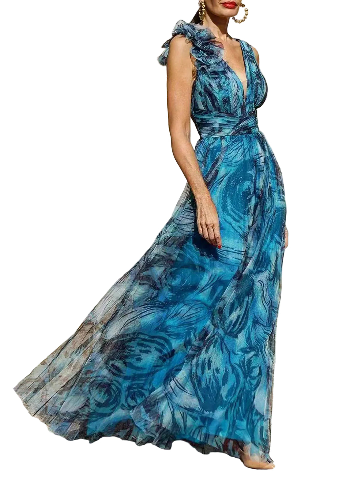 Robe longue femme style bohème à col en V imprimé floral 0