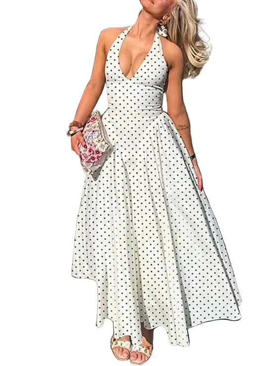 Robe longue femme style bohème à pois sans manches 0