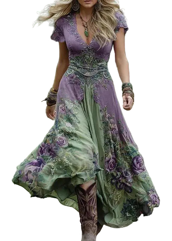 Robe longue femme style bohème col en V manches courtes 0