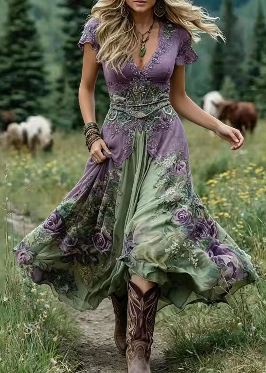 Robe longue femme style bohème col en V manches courtes 1