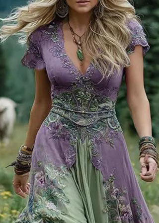 Robe longue femme style bohème col en V manches courtes 3