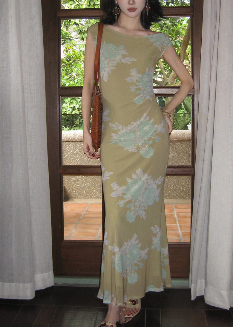 Robe longue femme style chinois col rond imprimée à tulle 1