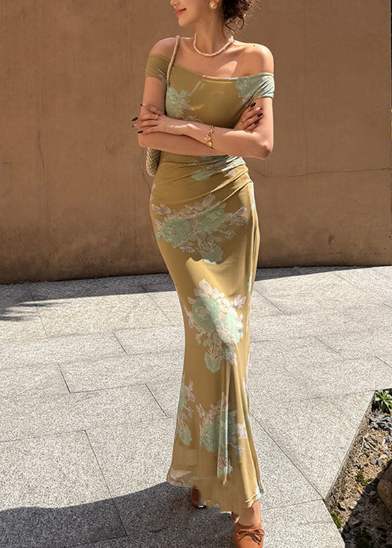 Robe longue femme style chinois col rond imprimée à tulle 2