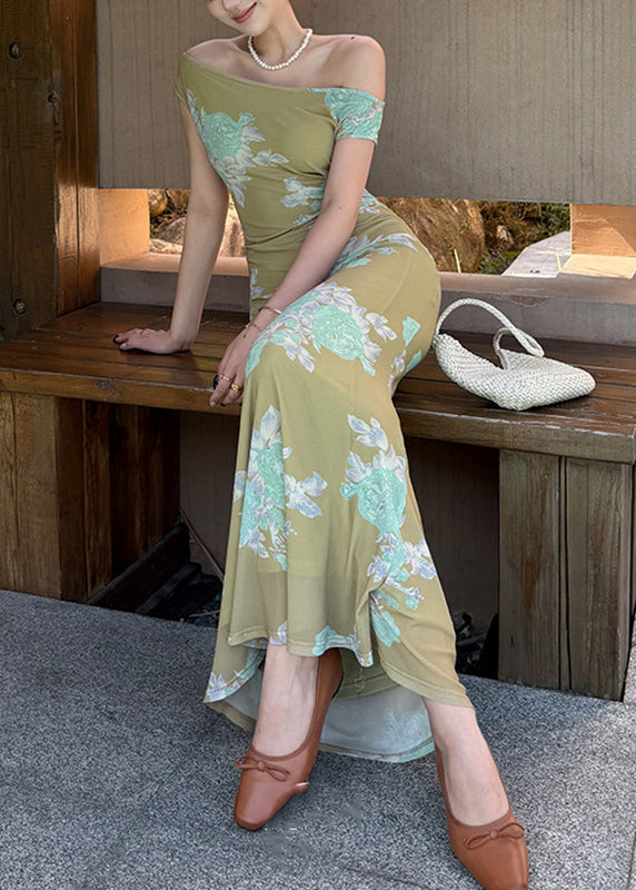 Robe longue femme style chinois col rond imprimée à tulle 4
