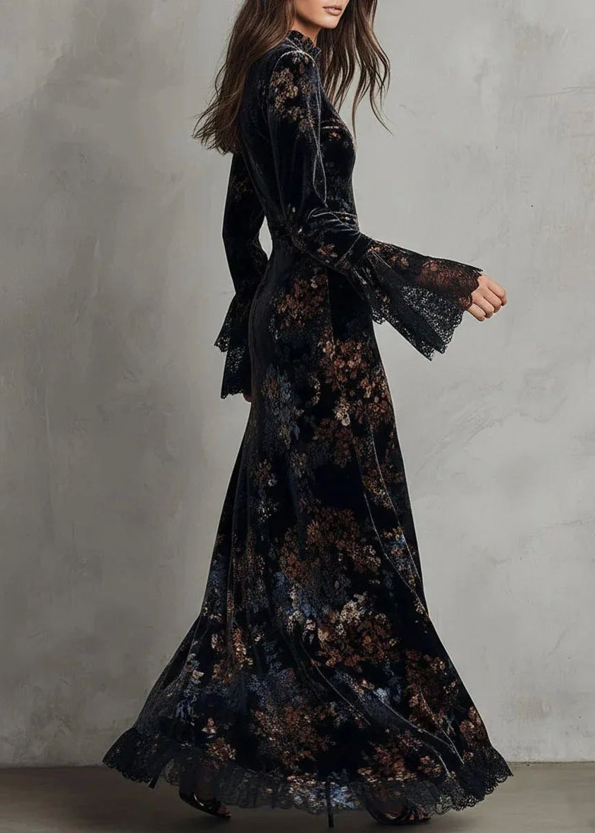 Robe longue femme style chinois imprimé bleu automnal 2