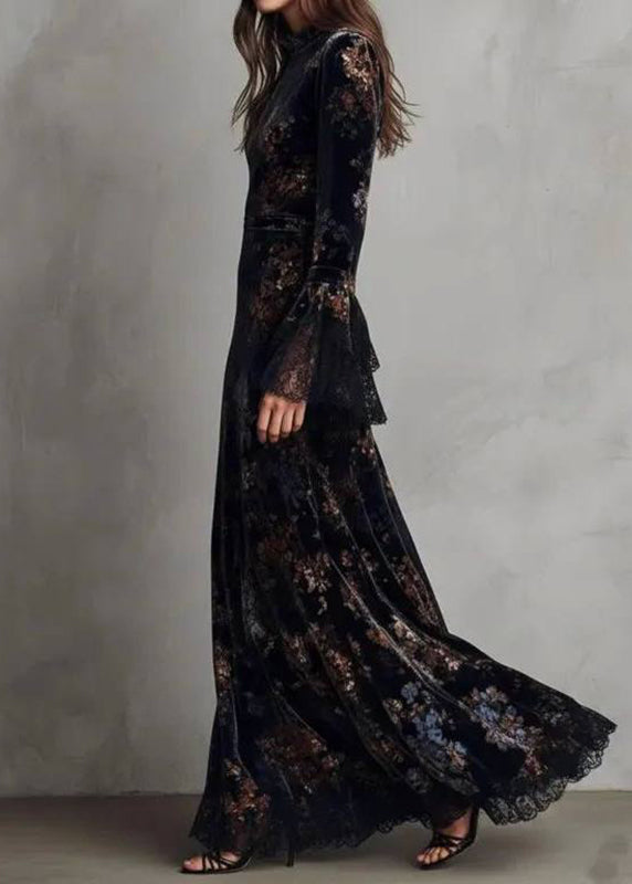 Robe longue femme style chinois imprimé bleu automnal 3