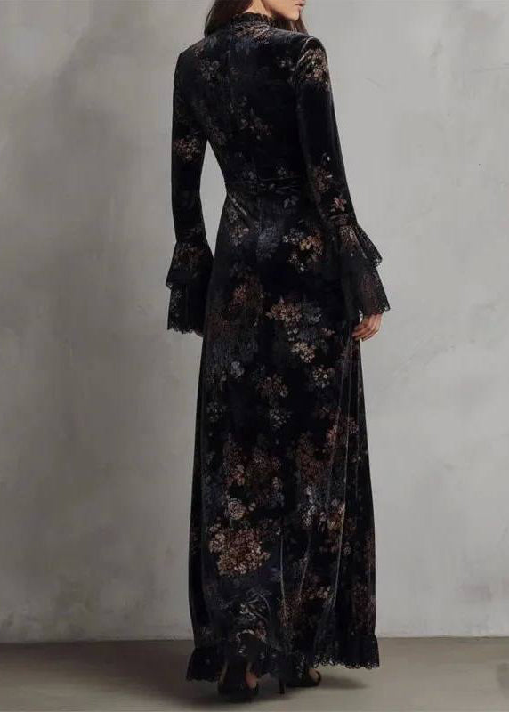 Robe longue femme style chinois imprimé bleu automnal 4