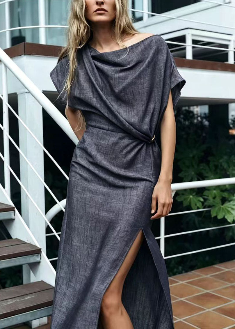 Robe longue femme style froissé ouverte sur le côté 1