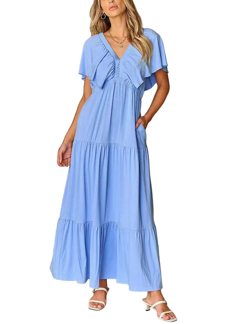Robe longue femme taille haute col en V été 0