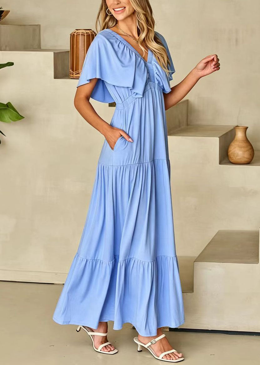 Robe longue femme taille haute col en V été 2