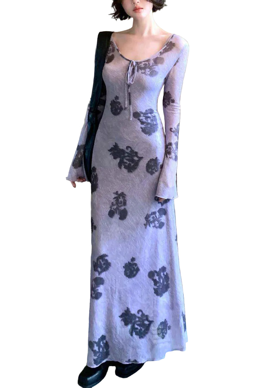 Robe longue imprimée col rond pour femme style deux pièces en tulle automnal 0