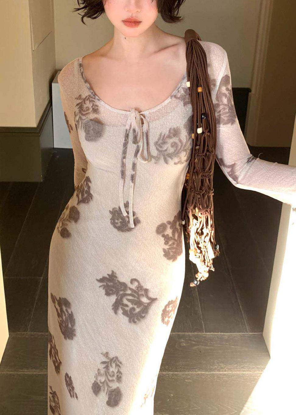 Robe longue imprimée col rond pour femme style deux pièces en tulle automnal 3