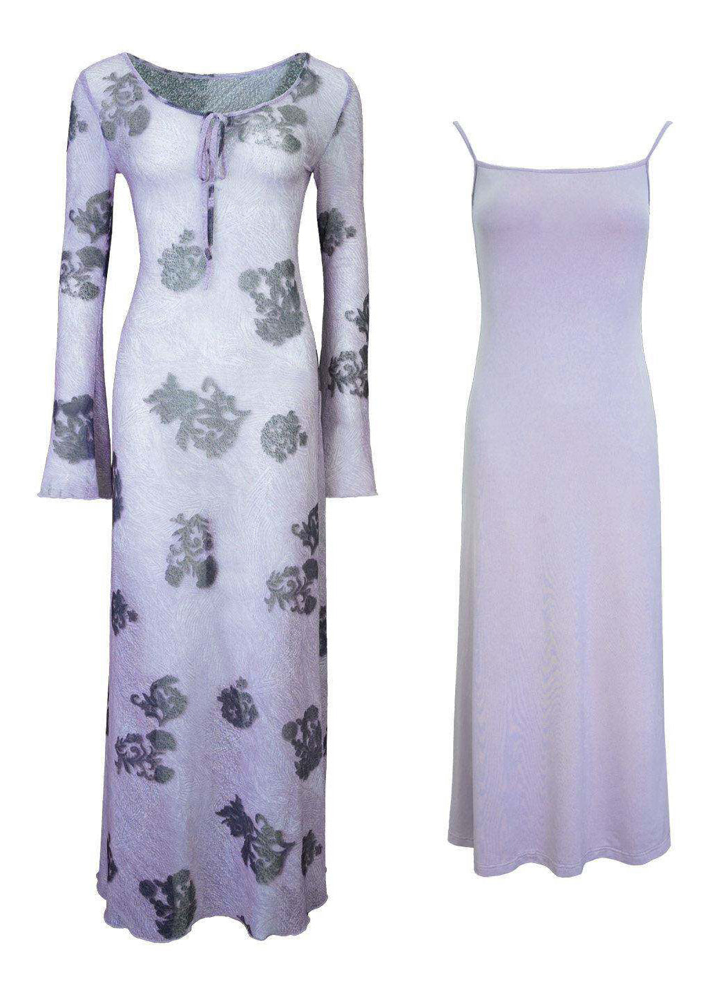 Robe longue imprimée col rond pour femme style deux pièces en tulle automnal 4